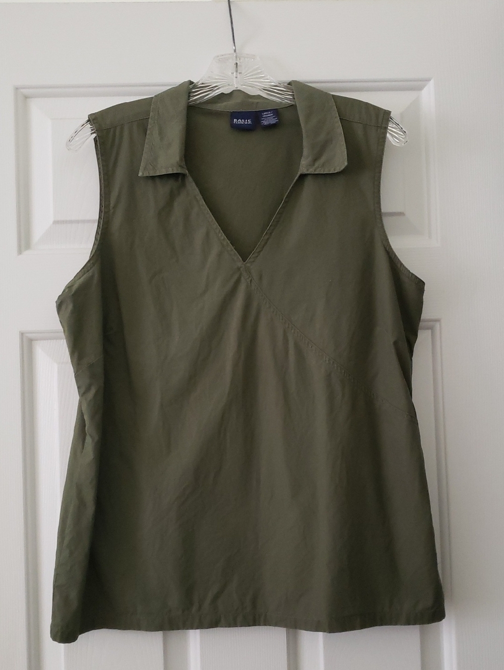 Basic Editions Olive Sleeveless Collared V-Neck Tank